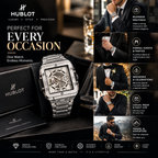 Hublot Style Luxury Skeleton Dial Men's Watch – Silver Stainless Steel | Premium Square Design