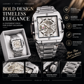 Hublot Style Luxury Skeleton Dial Men's Watch – Silver Stainless Steel | Premium Square Design